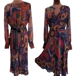 Vintage 100% Silk FLORAL midi dress ribbon tie long sleeves US size 6